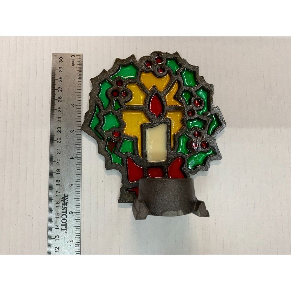 Vtg Christmas cast iron stained glass votive candle holder wreath Tiffany Style - Picture 5 of 8